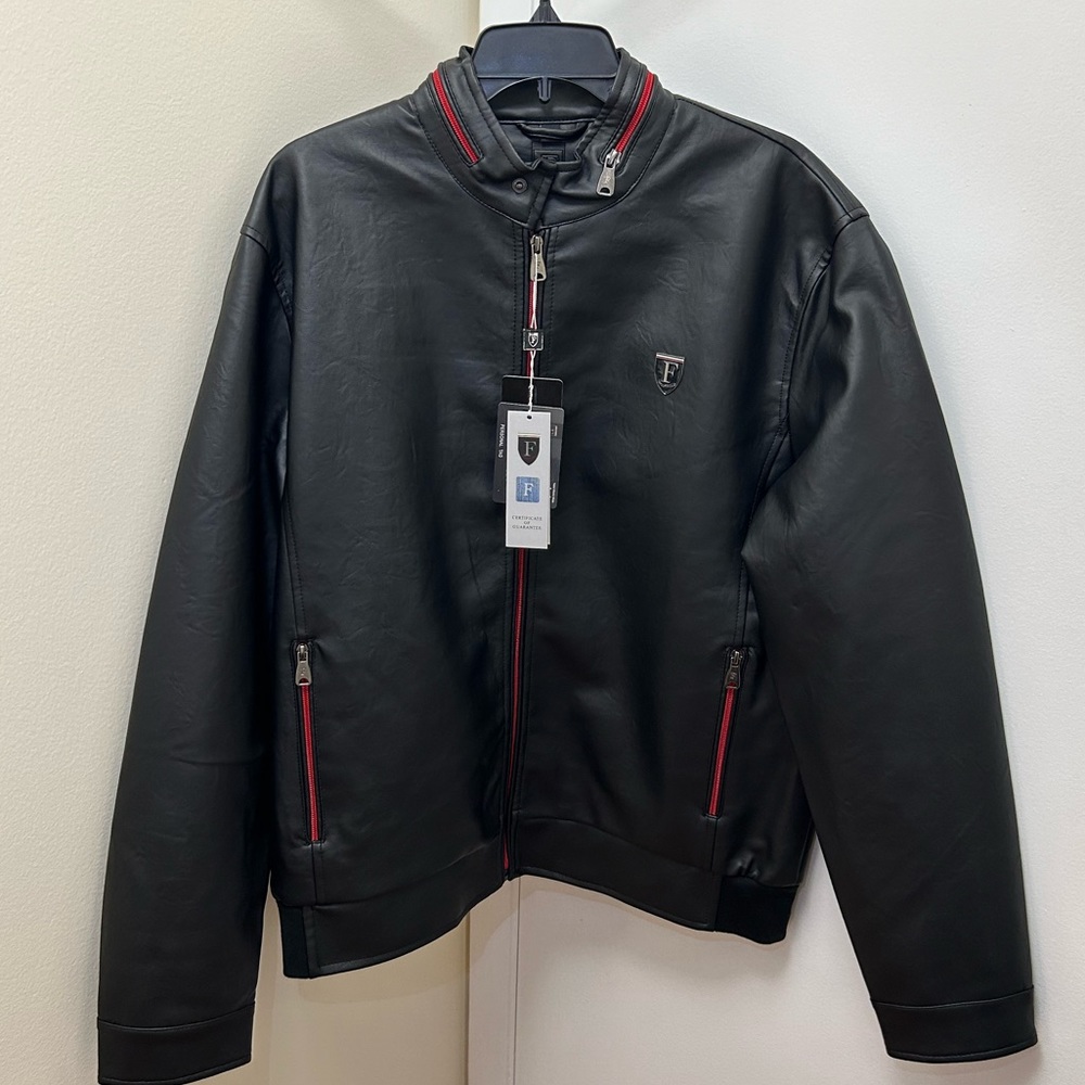 NWT Men’s SF Superlative Fashion Italy Luxury Faux Leather Moto Jacket Black Red